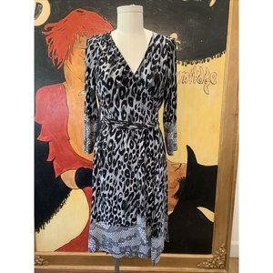 TAHARI Arthur S. Levine Size 6 Wrap Dress Midi Length Leopard Tie Waist Black